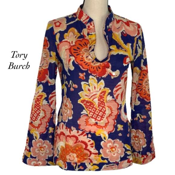 Tory Burch Stephanie Floral Bell Sleeve Tunic Sz 0 - Picture 1 of 10